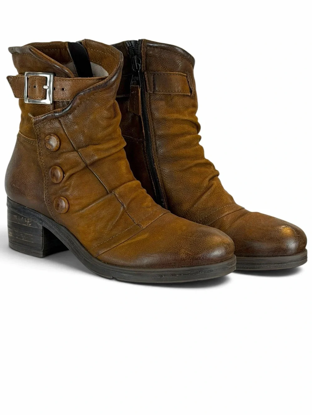 Miz Mooz Sidney Brown Leather Stacked Block Heel Button Side Zip Ankle Boots